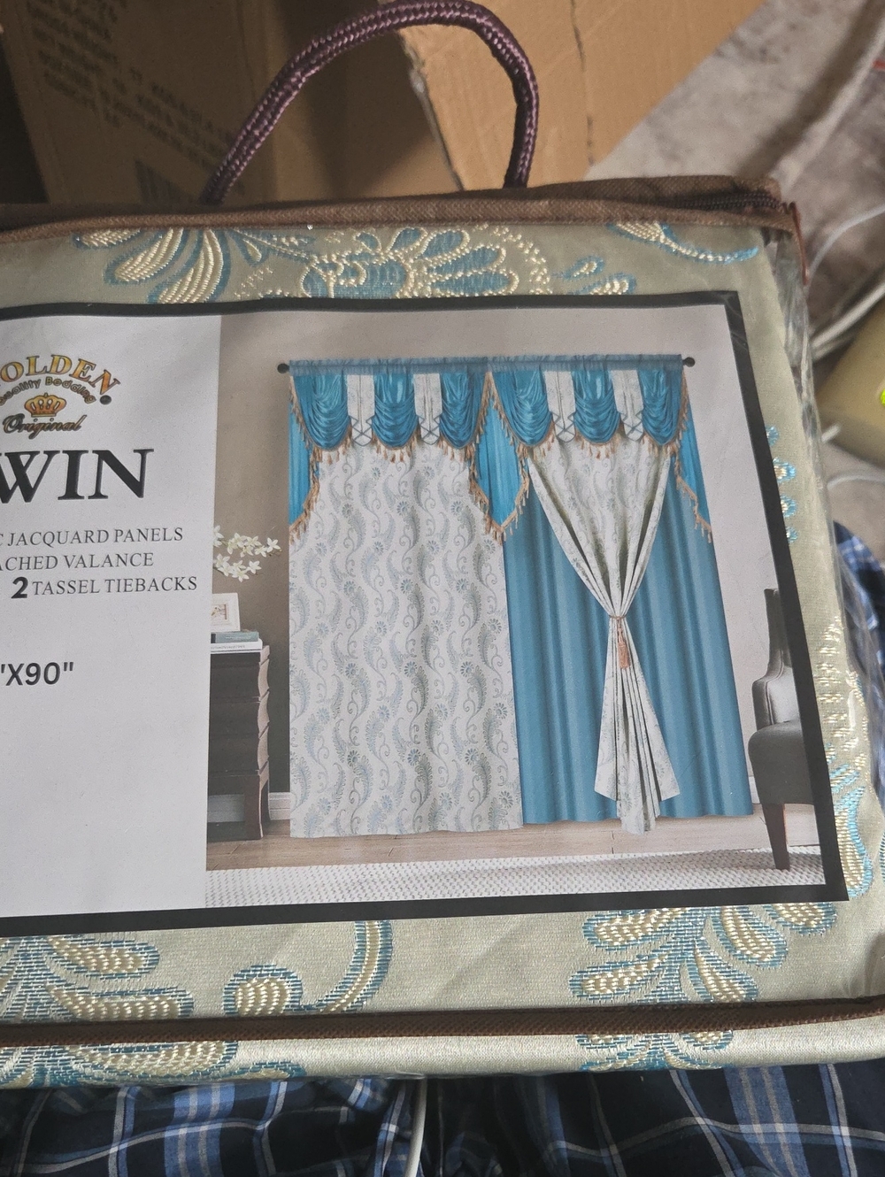 Twin Blue and Cream Jacquard Curtain Panel Set with Valance